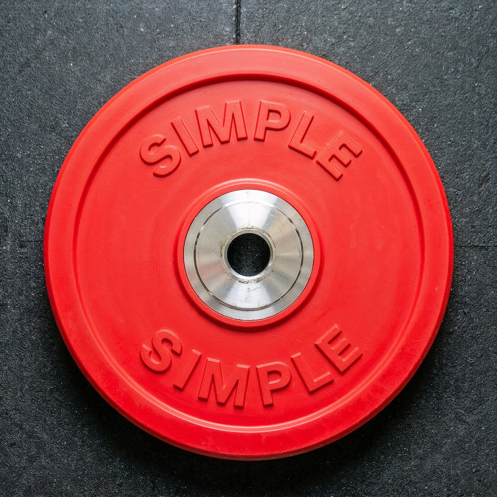 Simple Gym Tracker app icon: red weight plate with SIMPLE embossed on it