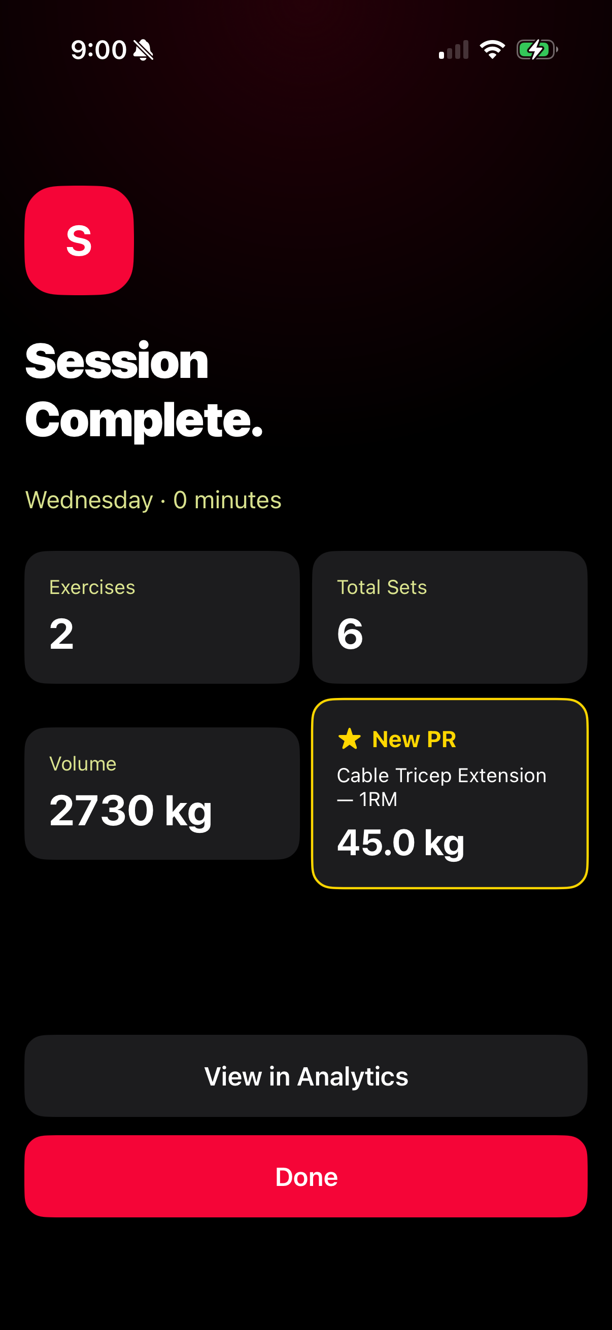 Session complete screen showing total volume, sets logged, and a new personal record highlighted in gold