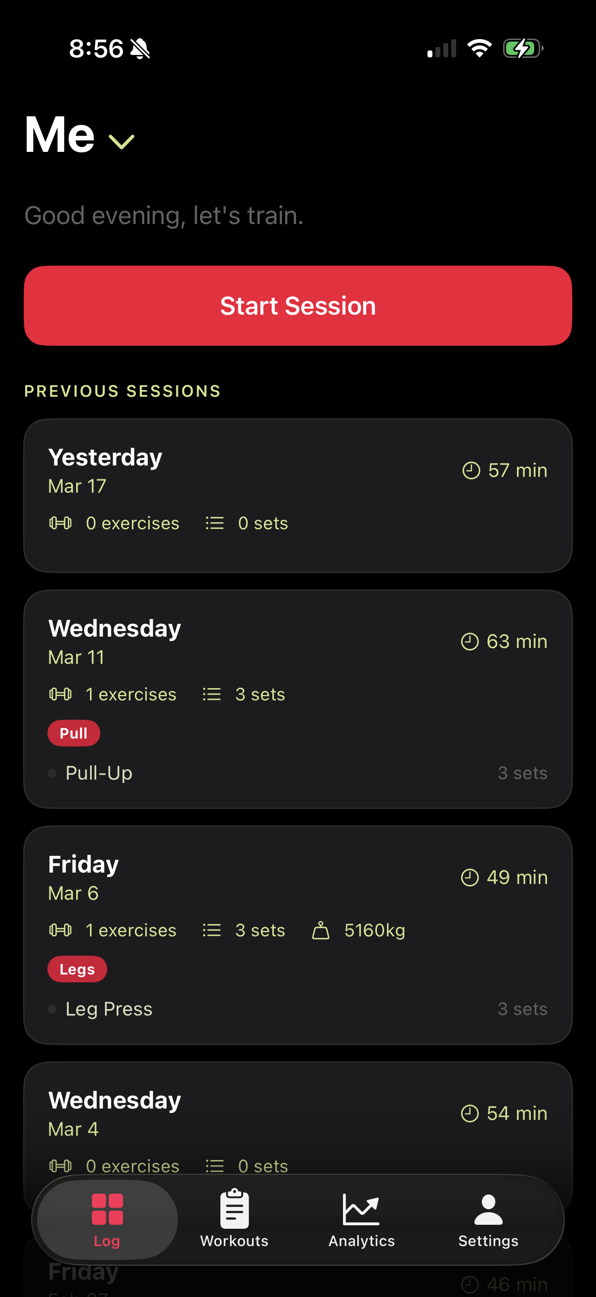 Simple Gym Tracker home screen showing Start Session button and previous workout history
