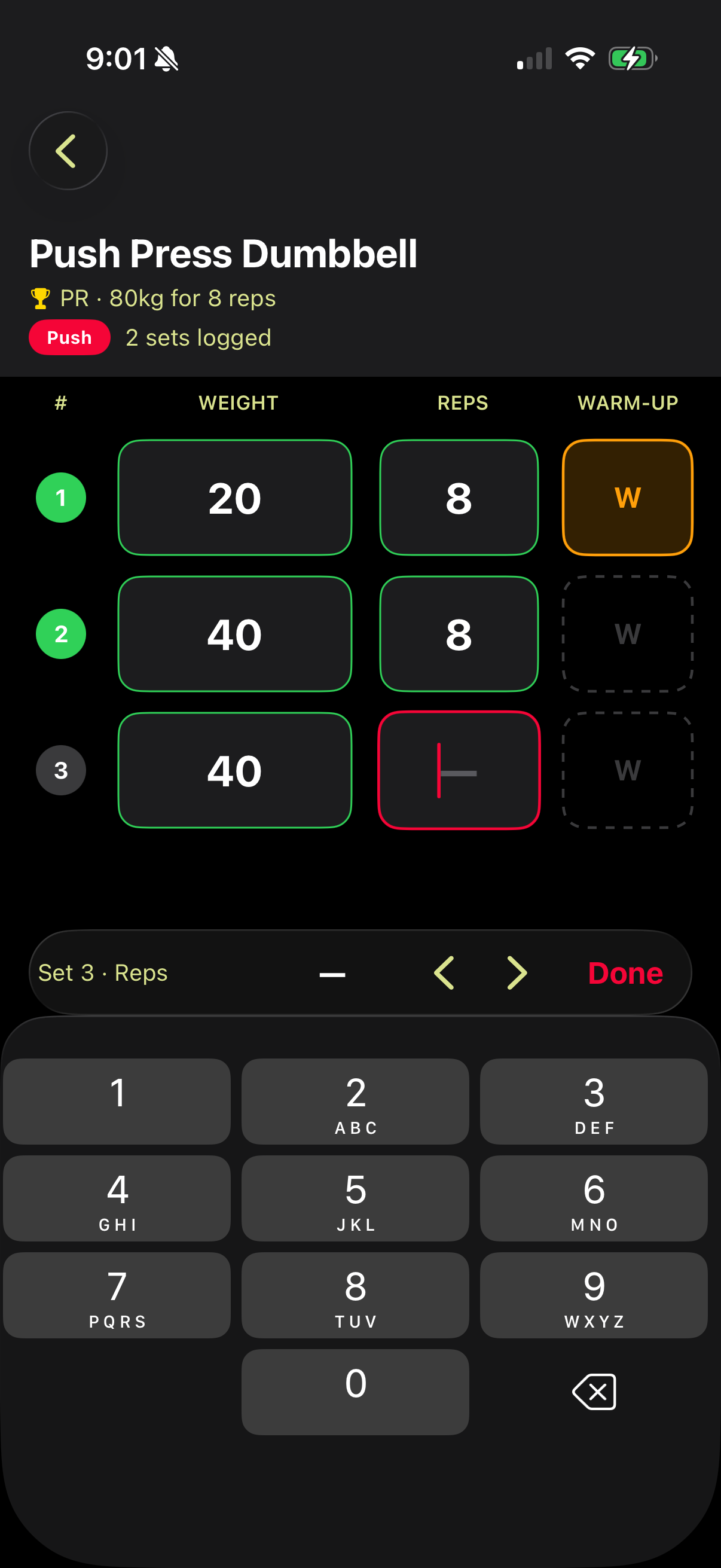 Simple Gym Tracker number input screen for logging reps and weight mid-set