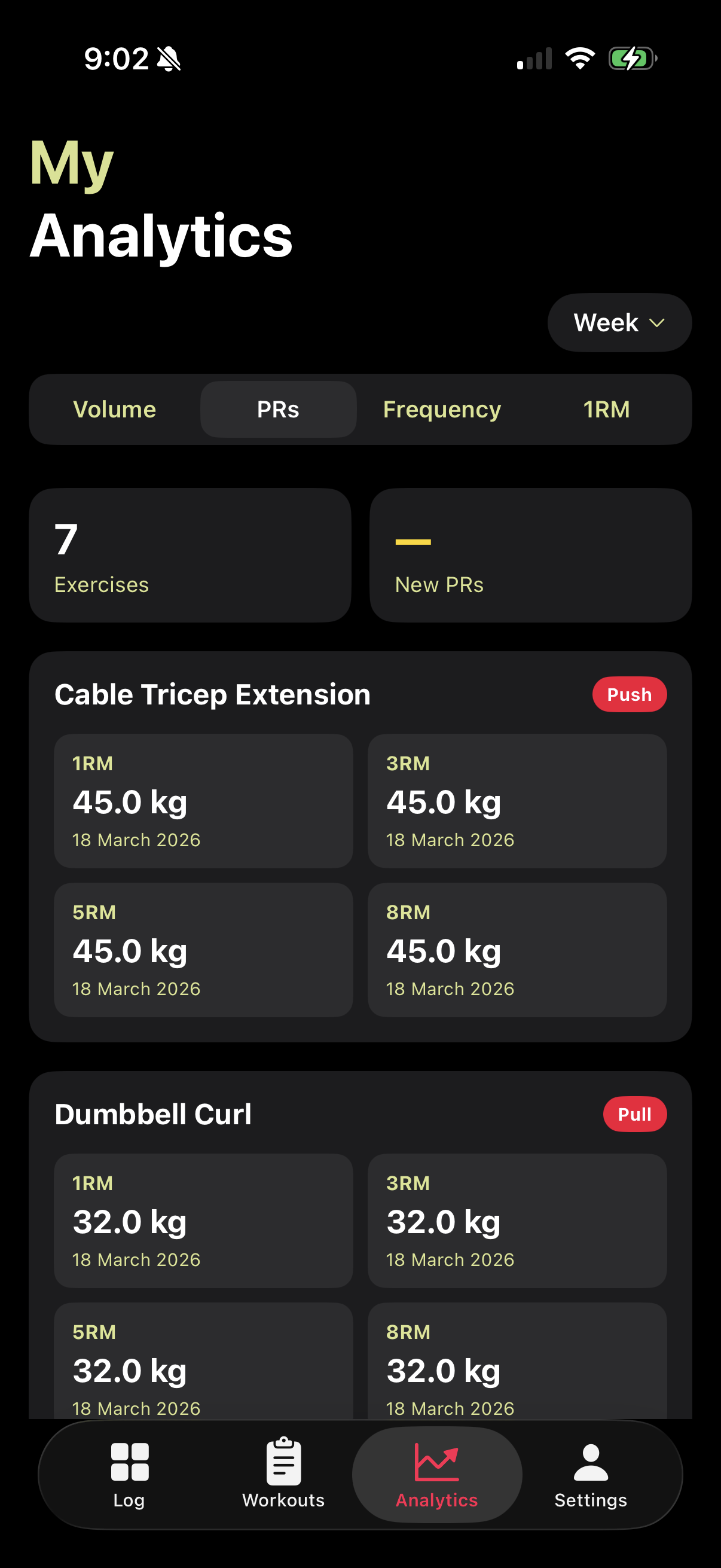 Simple Gym Tracker PRs screen showing personal records across 1RM, 3RM, 5RM and 8RM for multiple exercises