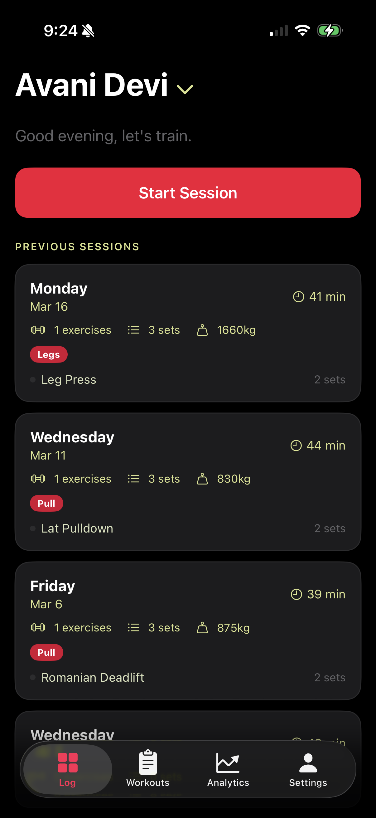 Simple Gym Tracker logged in as client Avani Devi, showing her previous session history including Leg Press and Romanian Deadlift