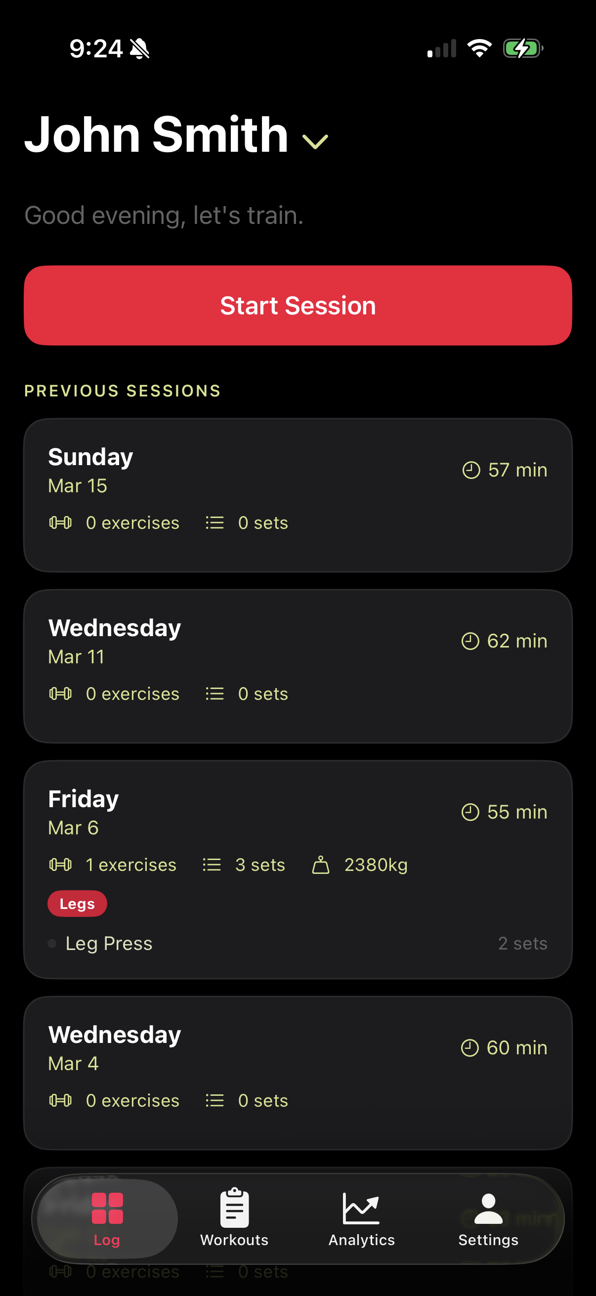 Simple Gym Tracker logged in as client John Smith, showing his previous session history