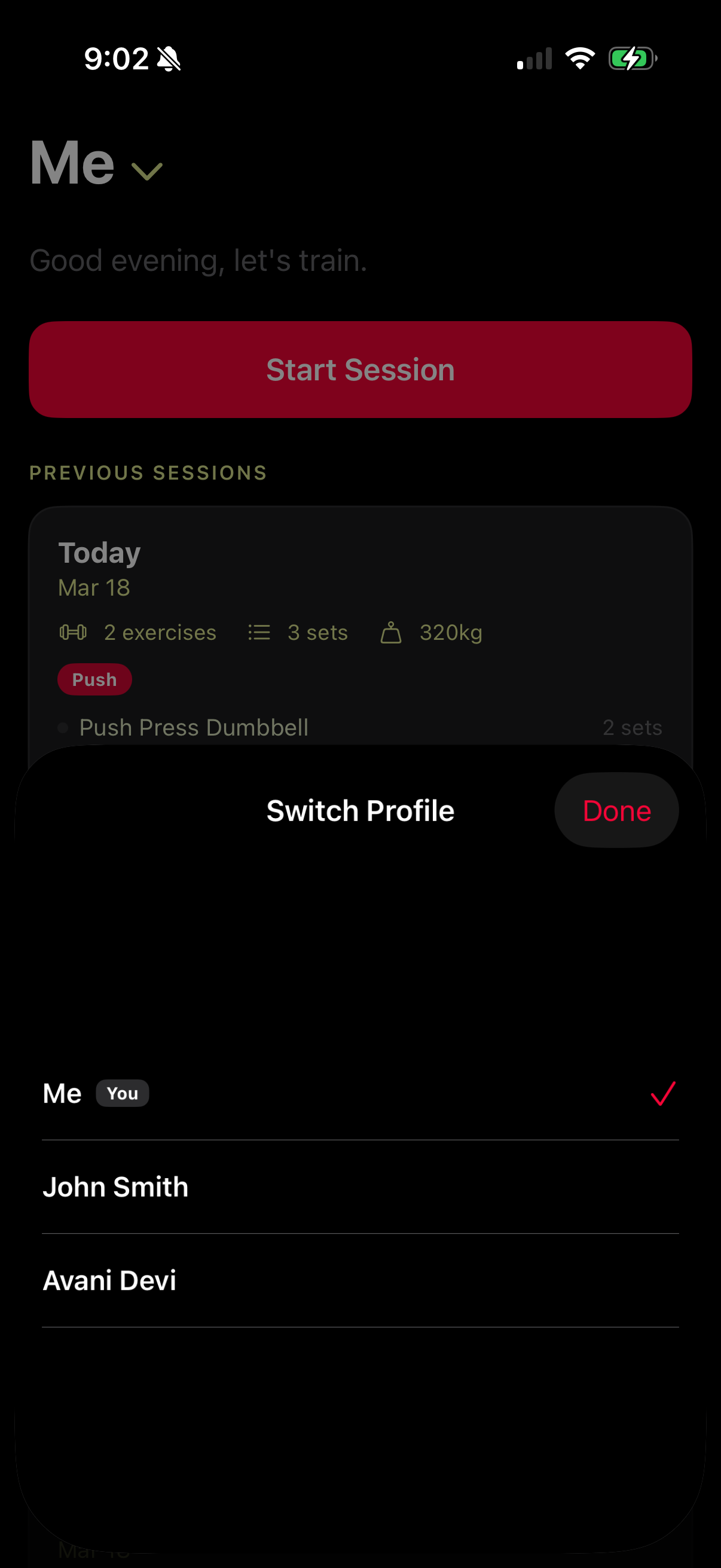 Simple Gym Tracker Personal Trainer Mode showing Switch Profile sheet with Me, John Smith and Avani Devi listed