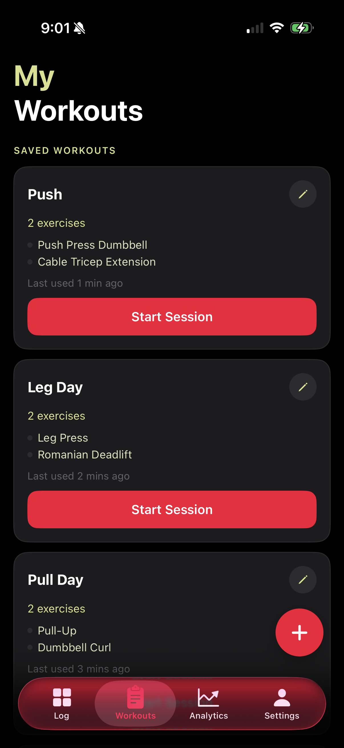 Simple Gym Tracker saved workouts screen showing Push Day, Leg Day and Pull Day ready to start