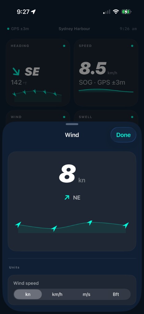 Skippa wind detail panel with 3-hour trend chart and unit settings