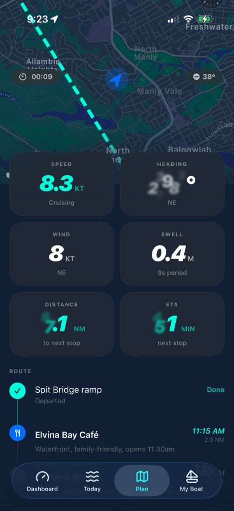 Skippa active trip view with live speed, heading, route map and stop progress