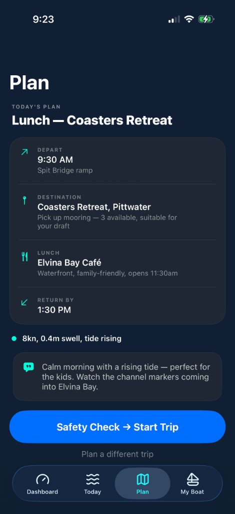 Skippa AI trip plan for Lunch at Coasters Retreat with depart, destination, lunch and return times