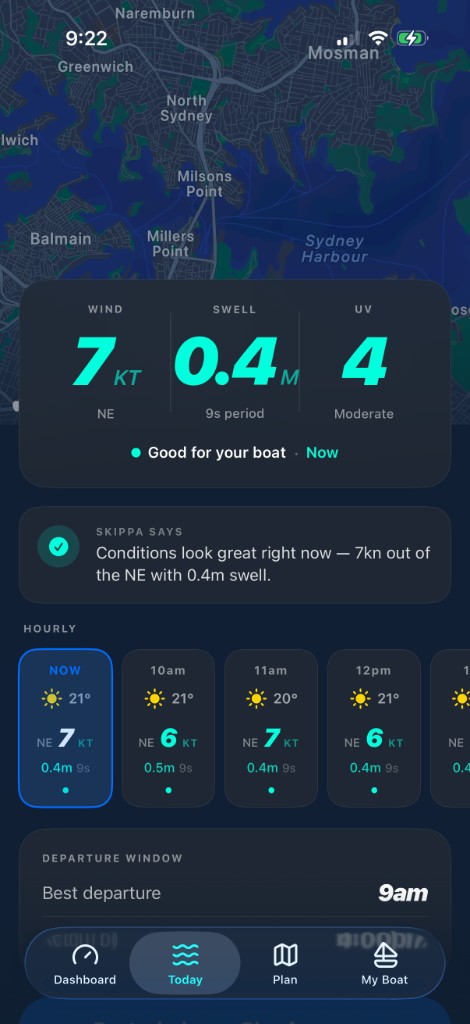 Skippa Today screen with a good-to-go briefing, Skippa Says recommendation, hourly forecast and best departure window